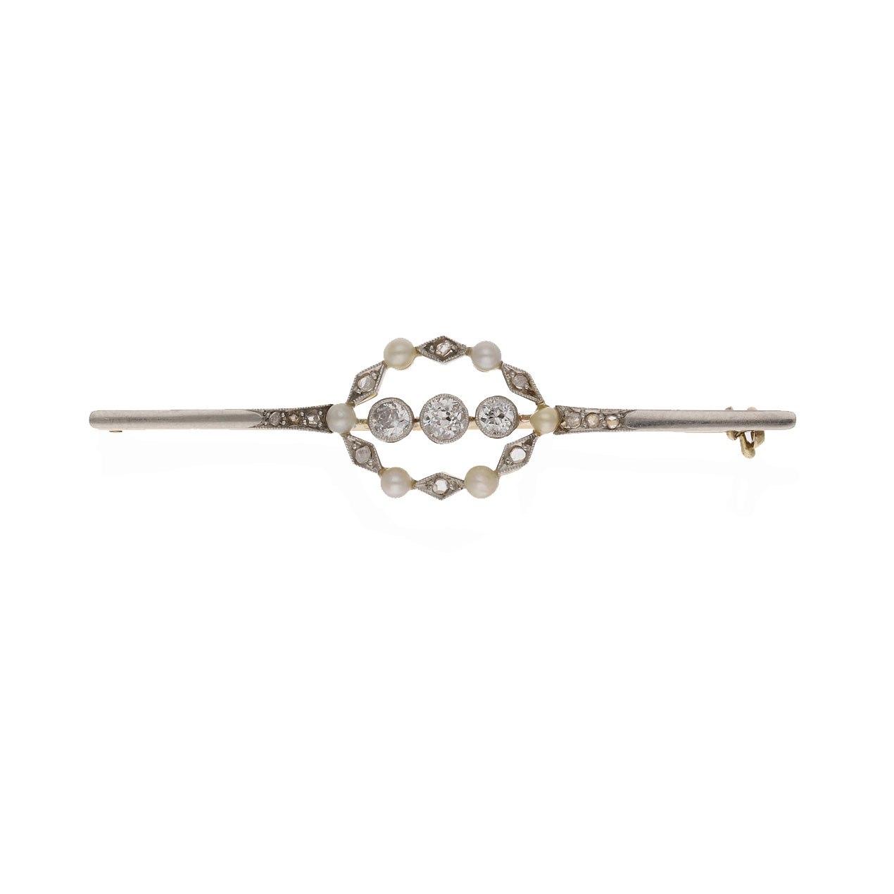 20221201 Stabbrosche mit Perlen und Diamanten Frontalansicht Antike Stabbrosche aus Gelbgold und Platin im Art Déco Stil mit Diamanten und Perlen in der Frontansicht.
