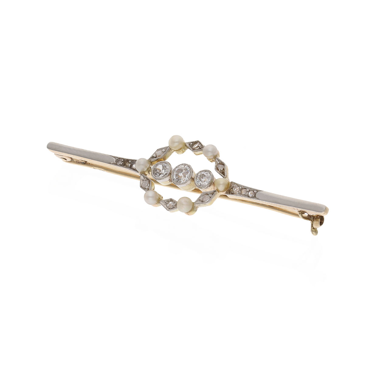 20221201 Stabbrosche mit Perlen und Diamanten Seitenansicht 2 Art Deco Stabbrosche in Gelbgold mit Platinauflage, Diamanten und Perlen.