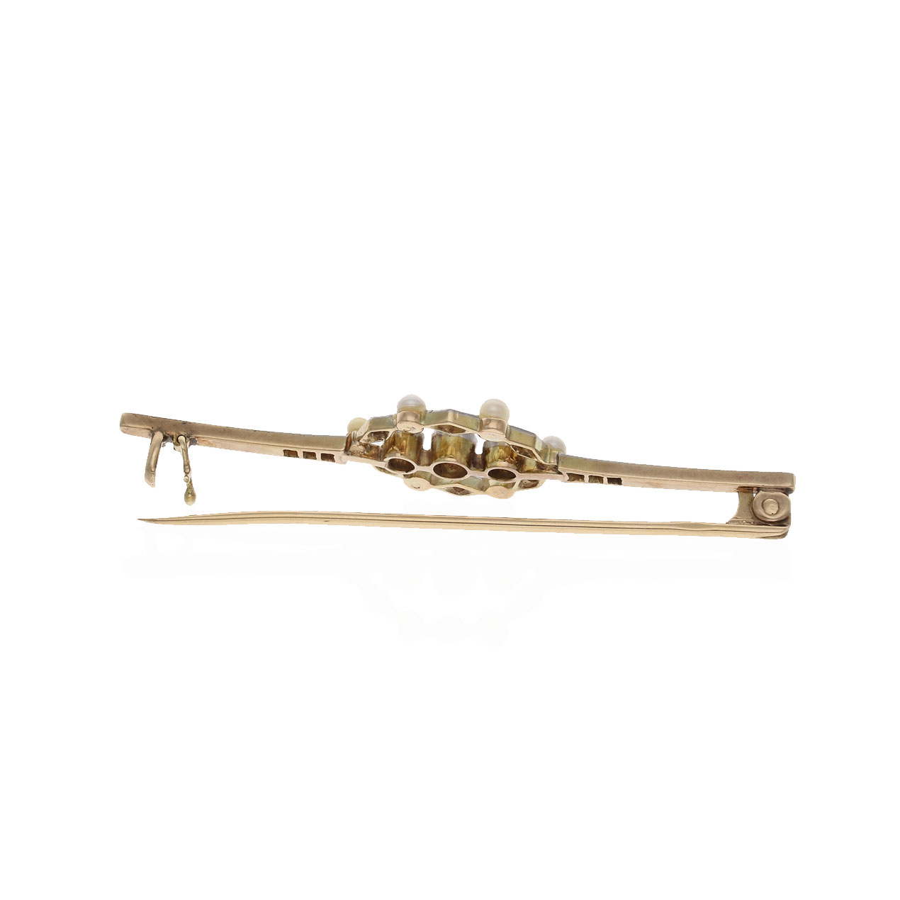 20221201 Stabbrosche mit Perlen und Diamanten Rückansicht Antike Art Déco Stabbrosche mit Diamanten und Perlen, mit geöffneter Nadel und Öse, von hinten fotografiert.