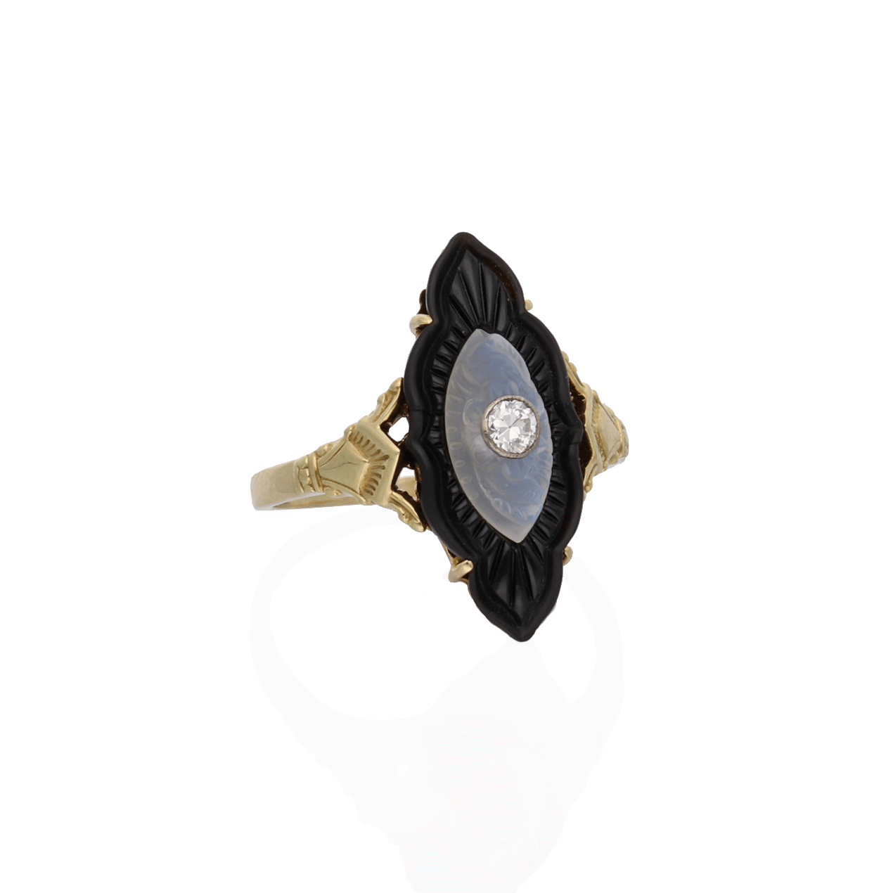 Schiffchenring mit Onyx und Mondstein